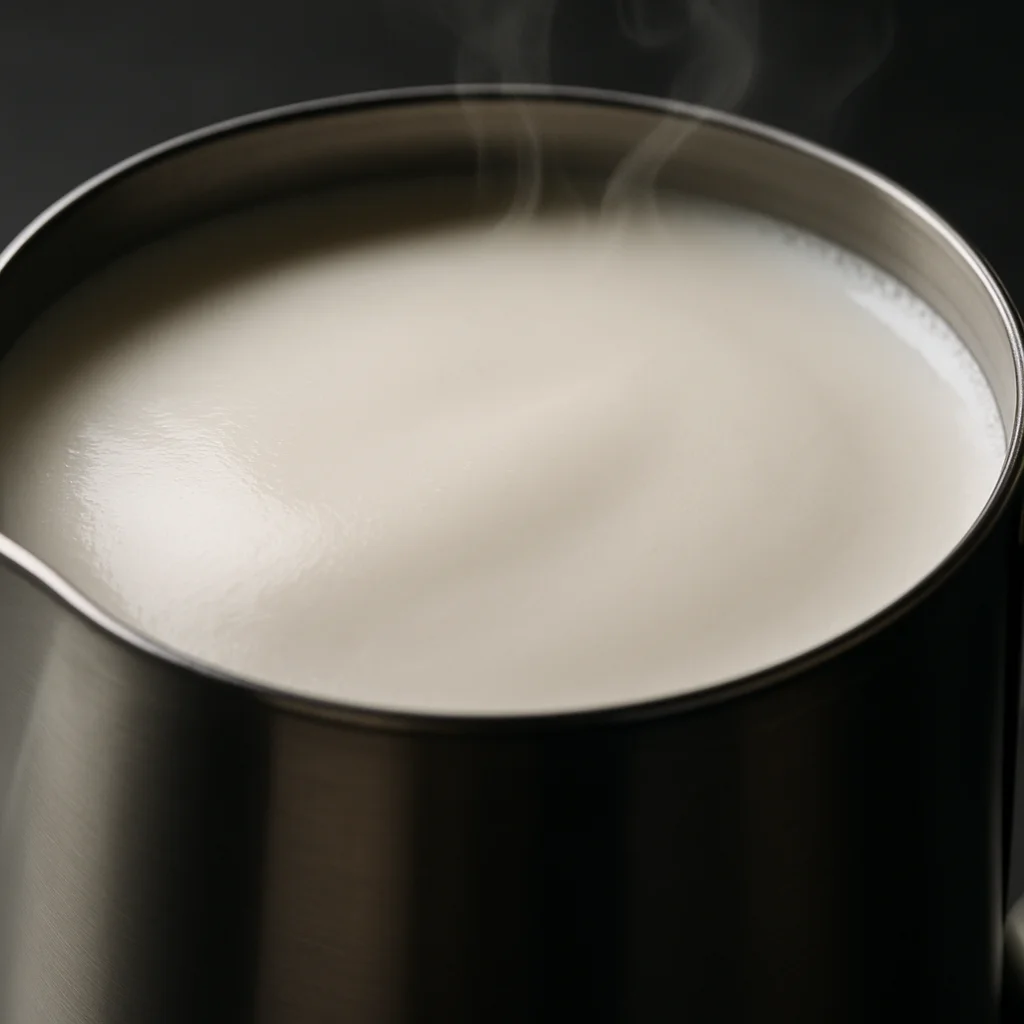 Close-up of a freshly steamed pitcher of milk showing glossy, paint-like microfoam surface reflecting light