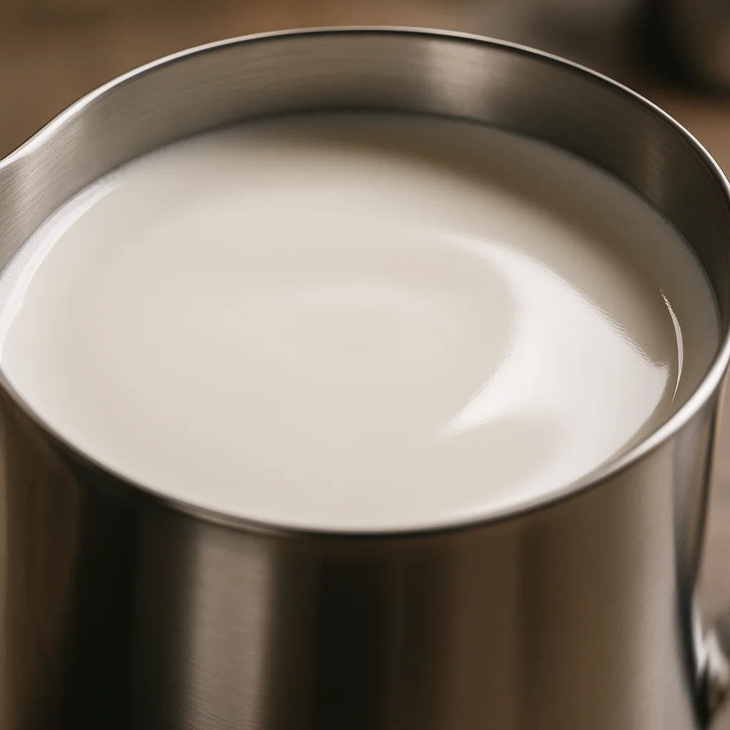 Close-up of microfoam surface in a stainless steel pitcher, showing a glossy, paint-like sheen with no visible bubbles