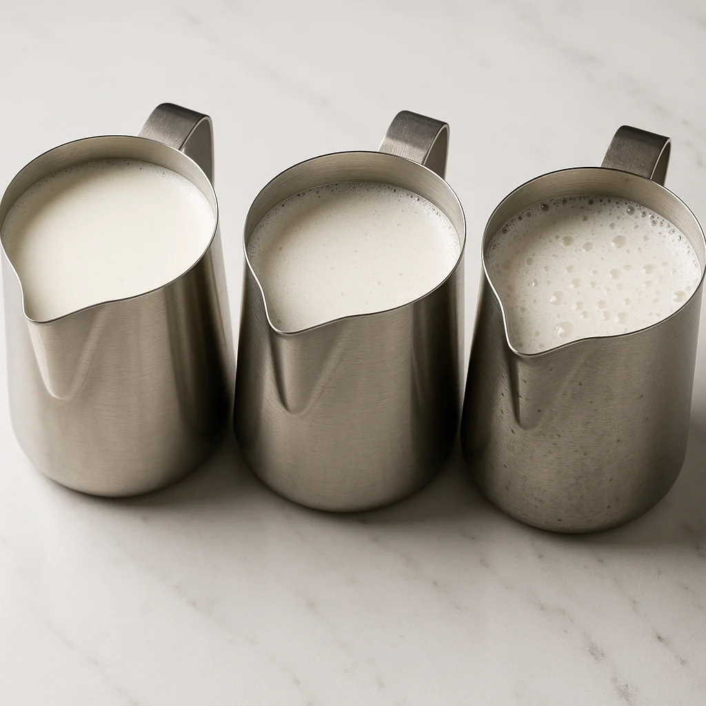 Side-by-side pitcher shots comparing microfoam texture in oat barista milk, soy milk, and almond milk — showing differen