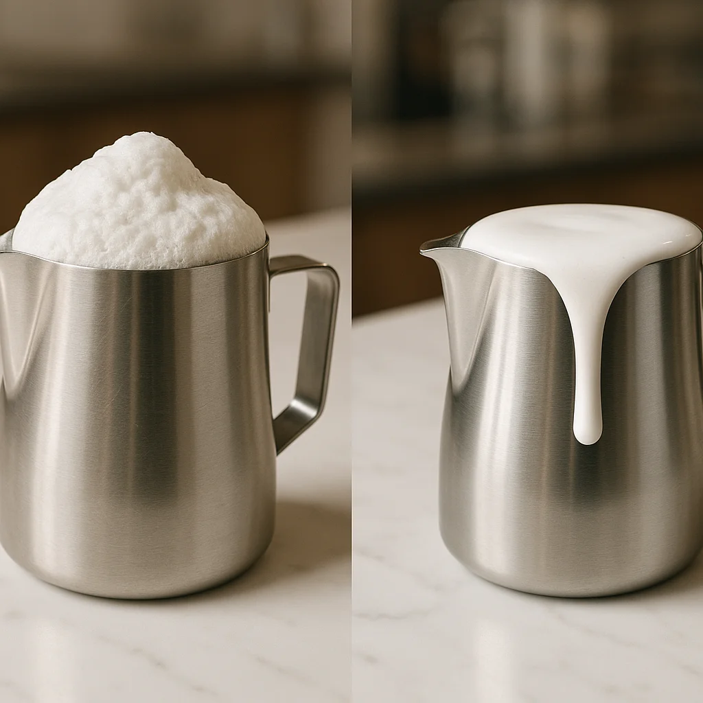 Side-by-side comparison of a pitcher with stiff, mounded foam versus a pitcher of glossy, flowing microfoam