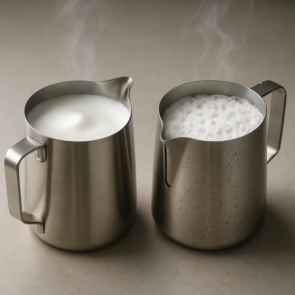 Side-by-side comparison of a steaming pitcher with silky, glossy microfoam versus a pitcher with visibly bubbly, coarse 